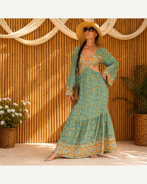 Blue Paisley Long-Sleeve Maxi Dress product image 1